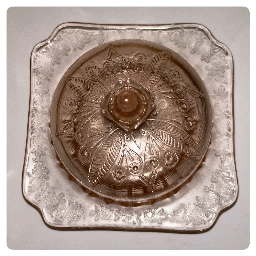 Vintage Jeannette Pink Depression Glass Butter Dish w/ Dome‎ Lid Adam Pattern